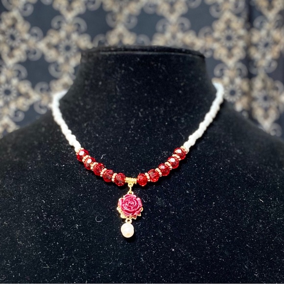 Handmade Red Rose-White Beaded Choker with Natural Freshwater Pearl Jewelry Set - Picture 5 of 11